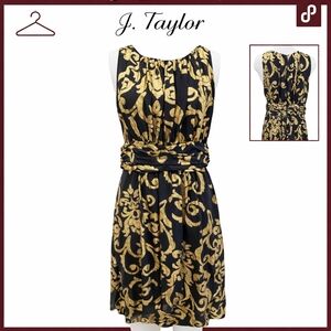 Taylor Black Gold Baroque Print Cocktail Dress Sleeveless Ruched Waist  10 NWT